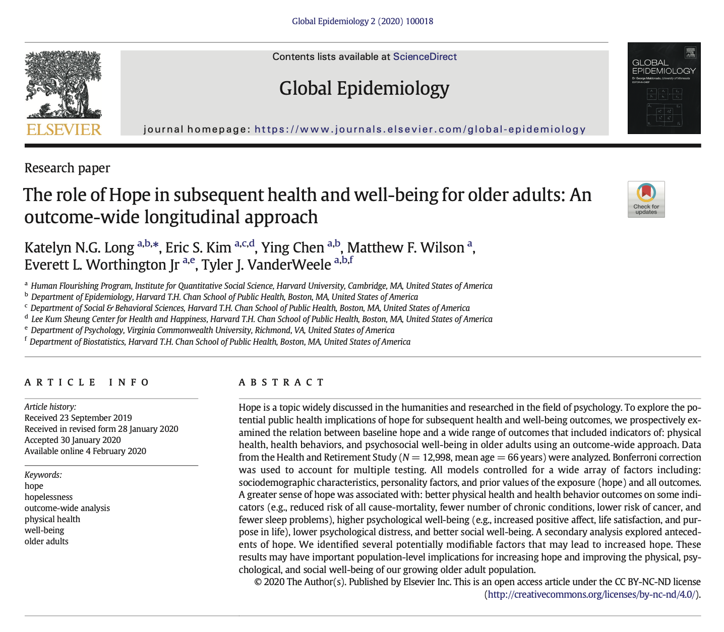 The Role of Hope in Subsequent Health and Well-being for Older Adults paper
