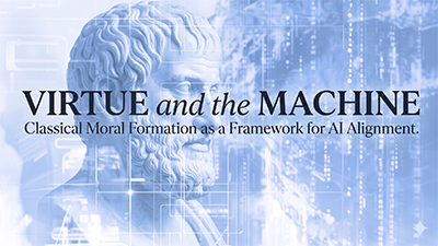 Virtue and the Machine, a bust of a classical philosopher set against a circuit-board background